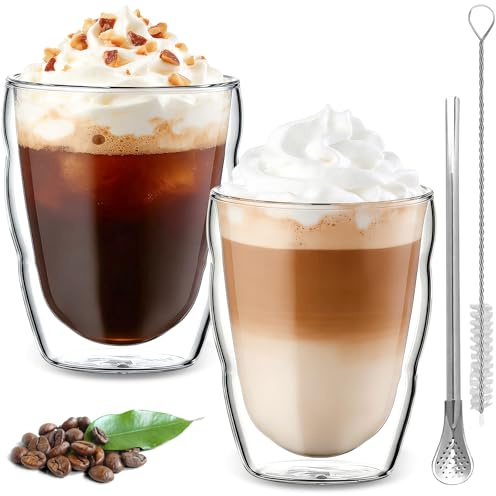 CxutSa 2x350ml Double Walled Coffee Glasses Mugs Cappuccino Latte Macchiato Glasses Cups with Straw Spoon Borosilicate Heat Resistant Glass Coffee Cups for Espresso Coffee Tea Milk Juice Ice Cream