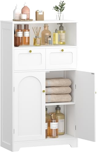 Hzuaneri Badezimmerschrank, Badschrank, Küchenschrank mit 2 Schubladen & 2 Türen, Aufbewahrungsschrank, Kommode, Verstellbare Ablage, Wohnzimmer, Schlafzimmer, Flur, 30 × 60 × 108 cm, Weiß SC18203X
