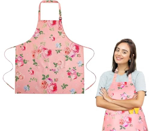 AONAYO Kochschürze Damen, Verstellbar, Wasserdicht, Mit Tasche, Blumenmuster, Geeignet Für Moderne Kochschürze, Grillschürze, Kochen