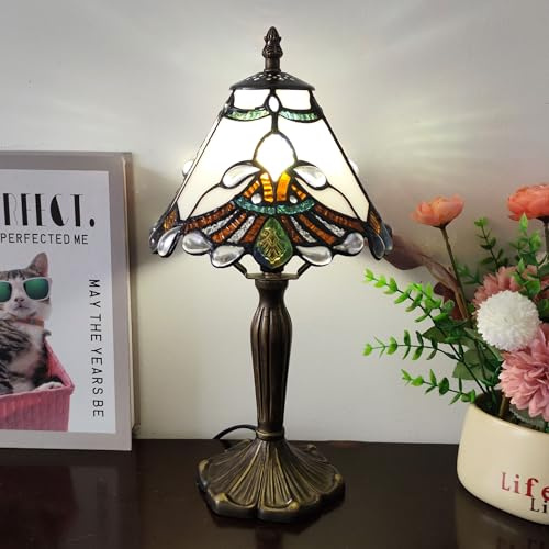 XPHMXP Tiffany Table Lamp White Pearls Baroque Style Stained Glass Desk Light Small Tiffany Style Bedside Lamp with 3 Way LED Bulb for Bedroom Living Room Office Decor