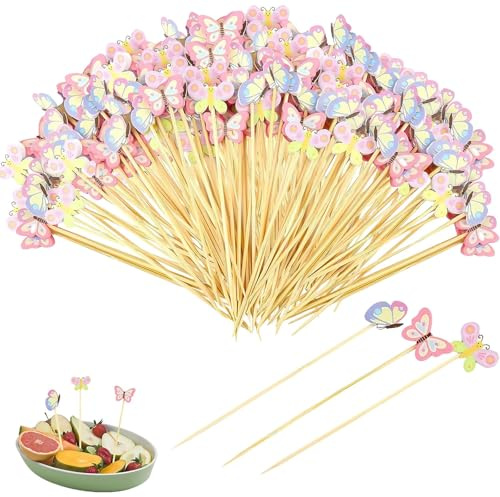 150 brochetas de frutas con mariposas para niños, estilo aleatorio, para comida para los dedos, decoración de fiesta de verano, adecuado para la decoración de bebidas, pasteles y postres