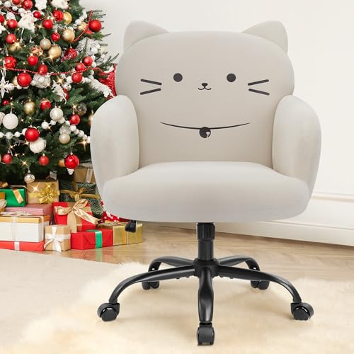 IWMH Home Office Chair,Cute Velvet Vanity Chair,Wide Seat Desk Chairs,Upholstered Modern Tufted Accent Armchair,Ergonomic Pet Cat Themed Computer Task Chairs for Living Room,Bedroom,Study (Cream)