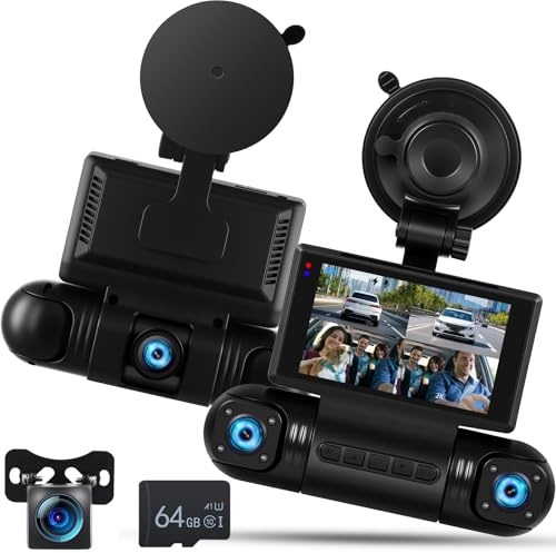 NHOPEEW 2K Dash Cam a 4 canali per auto – Videocamera WiFi per auto con tre telecamere 1080P, visione notturna, registrazione in loop, rilevamento del movimento con sensore G e controllo tramite app