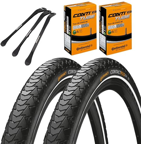 2er Set Continental Fahrradreifen Contact Plus Reflex 28x1.40 Zoll (37-622) + Schlauch wählbar + 3X MSZweirad Metall Reifenheber (AV-Ventil Schläuche, 28x1.40 (37-622))