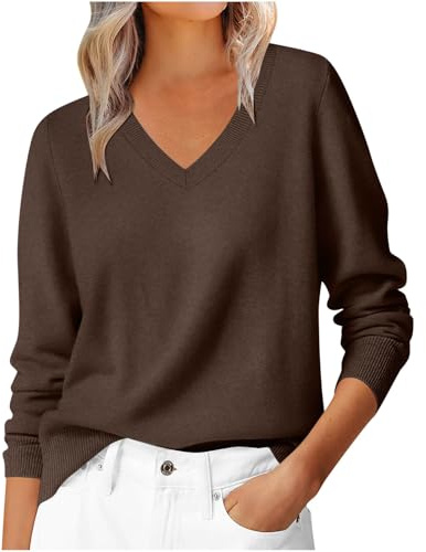 Cashmere Jumpers for Women V Neck Sweater Ladies Casual Lightweight Plain Pullover Long Sleeve Tops Dressy Fine Knit Jumpers for Women Fall Winter Tunic Blouse T-Shirt for Work Office Brown