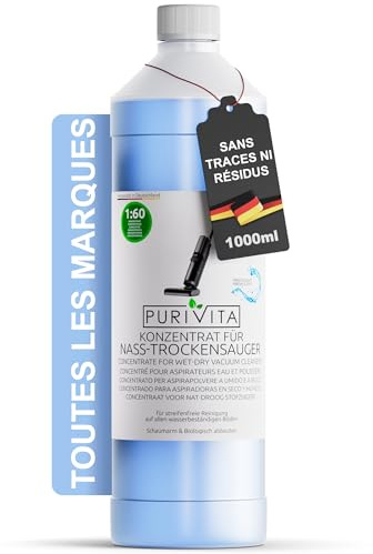 PURIVITA® Détergent concentré pour aspirateur laveur [1 L] - Parfum frais - Produit de nettoyage pour sols - Soin de lavage des sols - Détergent pour aspirateur à eau pour tous types de surfaces