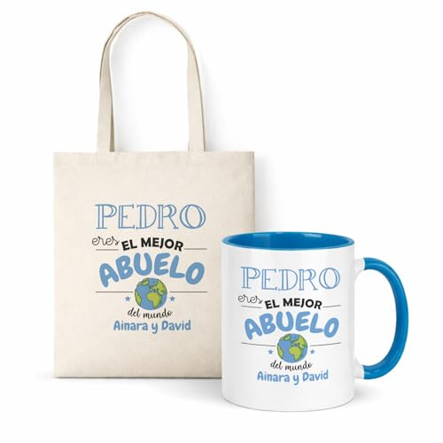 Kembilove® Taza regalo abuelo personalizada con nombre | Pack taza y bolsa “Eres el mejor abuelo del mundo” | Detalle original cumpleaños, navidad y día del padre