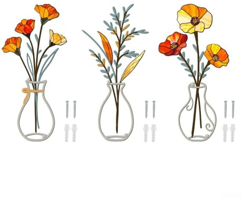 TONIXY Bunte hohle Eisen Wandvase 3er Set Dekorative Metall Blumenhalter mit lebendigem Kunstdesign für Wohnzimmer Schlafzimmer Küche Badezimmer zum Aufhängen Dekor (A)