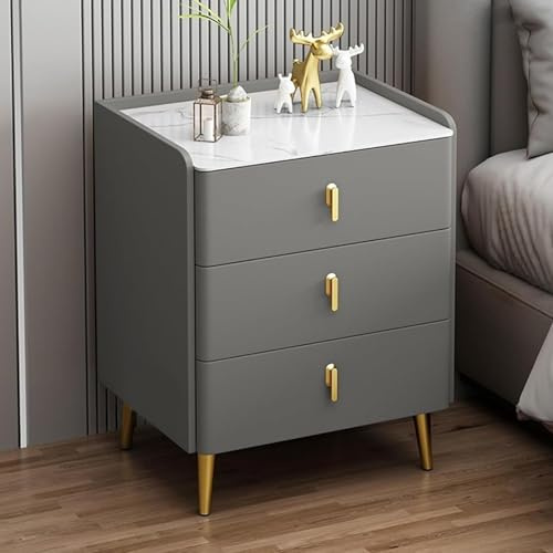 Mesita de noche gris con 3 cajones, asas de metal y patas, mesita de noche estrecha para dormitorio/sala de estar, elegante mesa auxiliar de cama (35 cm)