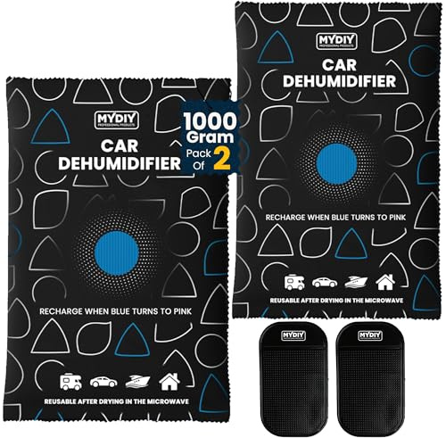 MY DIY Reusable Car Dehumidifier Bag 1000g with Non-Slip Mat - 2 Pack Color Changing Moisture Absorber for Car, Caravan, Boat & Home – Cars Windscreen Dehumidifier, Condensation Absorber