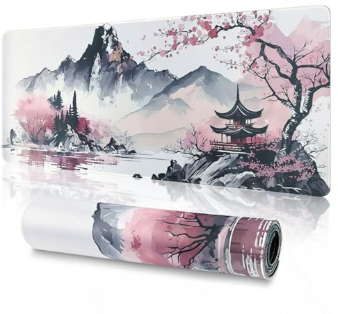 ANOMM Gaming Mousepad, XXL (800 x 300 x 3 mm), japansk spelmusmatta, vit med körsbärsblommor, vattentät och halkfri, sydda kanter, hög precision spårning