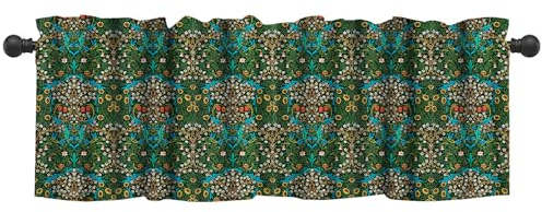 VELOMEA Vintage Botanische Scheibengardine im „Tree of Life“-Stil mit symmetrischem Blumenmuster in Dunkelgrün, Elegante Kurzgardine Fensterdeko für Schlafzimmer oder Wohnzimmer, 1 Paneel 137×45 cm