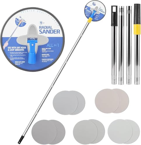 Drywall Pole Sander with Extension Pole, 360° Rotation Radial Round Head Sander Poles Sanding Tool with 10 PCS Sanding Sheets (80/100/120/180/240Grit) Wall Sanders for Painted Walls and Ceilings