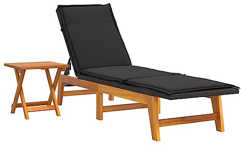 Tomostar Bain de Soleil avec Table, Chaise Longue Jardin Extérieur Transat pour Piscine Résine tressée et Bois Massif d'acacia