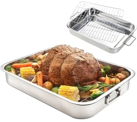 Cocotte en acier inoxydable – de four de 40,6 cm, grand plateau pour la cuisson du jambon de poulet à la dinde | Répartition uniforme de la chaleur, cuisine, maison, famille, Thanksgiving