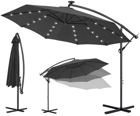 Ferzone Parasol Déporté Ø 3.5m avec LED Solaire & Manivelle, Parasol de Jardin Exterieur Anti-UV & résistant au vent, Sun umbrella Grand Rotatif à 360 ° pour Balcon Terrasse Piscine (Gris Noir)