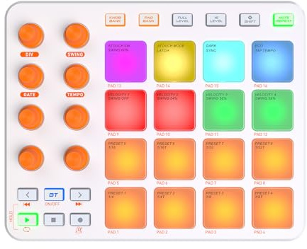 Horett Controller Midi Tastiera Midi Wireless 16 Pad RGB 6 Pulsanti Personalizzabili 8 Manopole Supporto per App Mobile per PC Ricaricabile Principianti (Bianca)