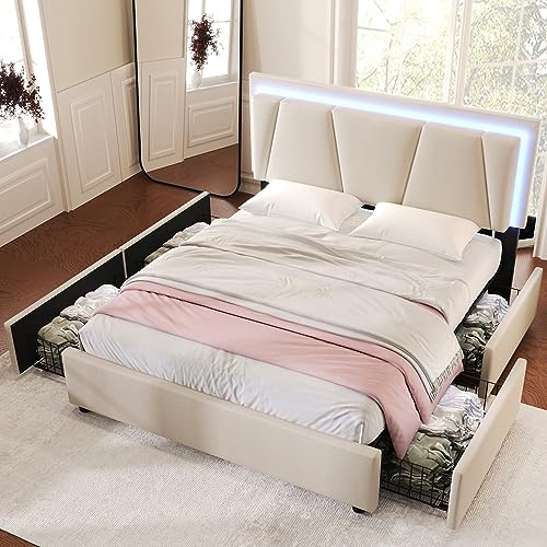 YanguVibes Polsterbett Doppelbett 160x200 cm mit LED und 4 Schublade, Holzbett Bettanlage mit Stauraum und Höhenverstellbarem Kopfteil, Stauraumbett Bettgestell mit Lattenrost, Beige