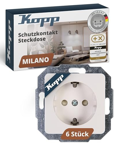 Kopp MILANO Schutzkontaktsteckdosen in Weiß - 6 Stück - 1-fach Einbausteckdose mit erhöhtem Berührungsschutz - IP20 Unterputz-Steckdose mit Schutzkontakt - Steckdosen-Unterputz 16A / 250V~
