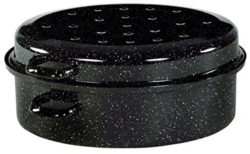 Krüger G4208F Gansbräter mit Tropfeckel 10,5 L emailliert in schwarz / weiß gesprenkelt