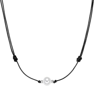 Valero Pearls Damen Kette 925/- Echtleder schwarz | Echtlederkette, Süßwasser-Zuchtperle, ca. 9,0 - 10,0 mm, weiß, rund, endlos, ohne Verschluss, Sterling Silber