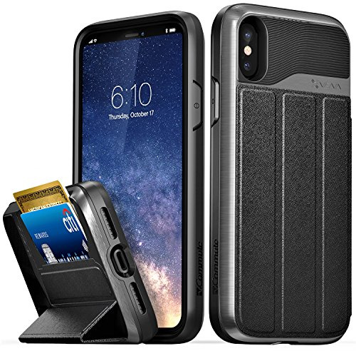 VENA iPhone X/XS Hülle, vCommute (Military Grade, Kartenfach) HandyHülle mit Standfunktion, Leder Flip Brieftasche Etui Schutzhülle für iPhone X/XS (5.8-inch) - Grau