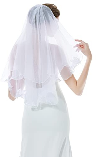 BEAUTELICATE Schleier Brautschleier mit Spitzen Softtüll Braut Hochzeit Schleier Weiß Ivory Fingerlänge mit Metall Kamm Kurbelkante 2 Schicht