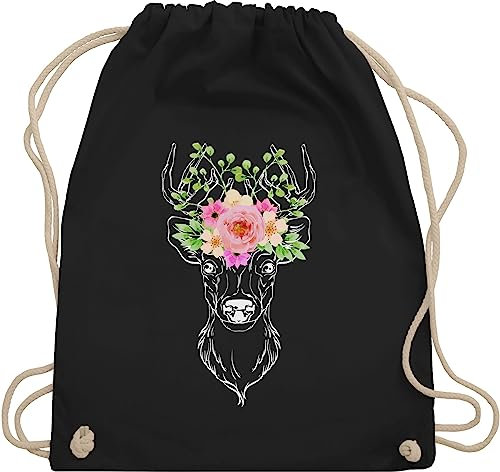 Turnbeutel Rucksack - Kompatibel mit Oktoberfest Tasche - Hirsch Blumengeweih Hirschgeweih Geweih - Unisize - Schwarz - trachtenrucksack bayrische blumen stoffrucksack trachtentaschen bayrisch