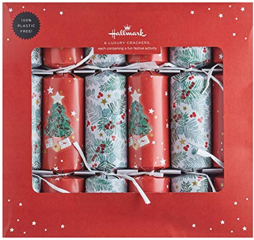Hallmark Luxury Christmas Crackers, 2 Tree and Foliage Designs, Pack of 6 in 2 Designs, Festive Red, White & Green | Tree and Foliage Designs, Recyclable, Plastic Free, Each with Joke, Snap, Hat, Gift