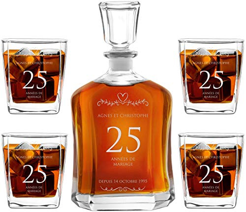 Maverton Ensemble de Carafes Personnalisés a Whisky Rhum Cognac Avec 4 Verres a Whisky Gravés - 700 ml Service Universel Verre Whisky et Carafe - Bonnes années de mariage