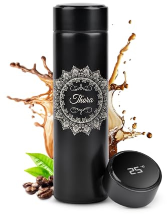 Maverton Thermobecher Kaffeebecher 450 ml - Isolierbecher personalisiert - 100% dicht - Led Temperatur Anzeige - aus Edelstahl - Geschenk für Frauen - schwarz - Arabeske