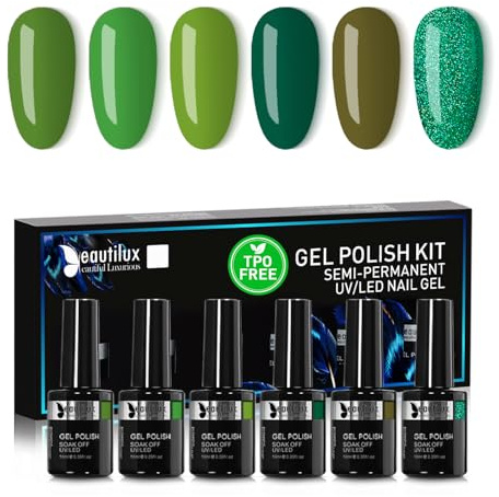 Beautilux HEMA-frei & TPO-frei Halbpermanenter Nagellack | 6 Grüne Nuancen Soak-Off UV-Gel 10 ml – Nagelkunst-Set für die Maniküre, einfach zu entfernen und langanhaltend (YT-05)