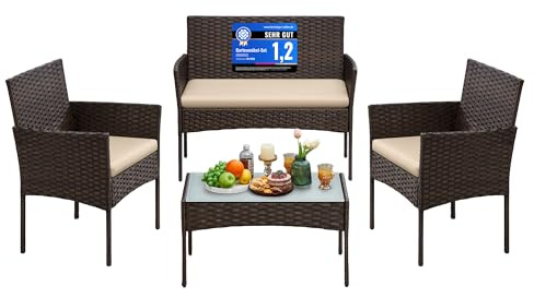 SONGMICS Salon de Jardin Extérieur 4 Place en Résine Tressée PE, pour Patio, Balcon, 1 Table, 2 Fauteuils de Jardin et 1 Banquette Extérieure 2 Places, Marron et Taupe GGF004KZ02