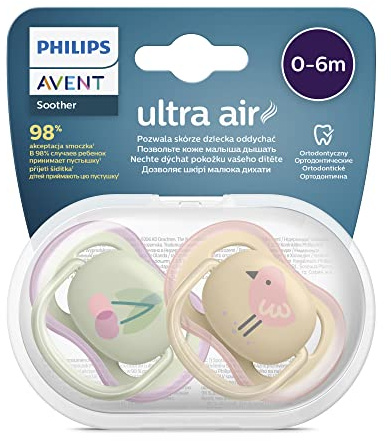 Philips AVENT ultra air Schnuller - 2er Pack, BPA-freier, atmungsaktiver Schnuller für Babys von 0-6 Monaten, inklusive Transport- und Sterilisationsbox, Vogel/Kirsche (Modell SCF085/13)