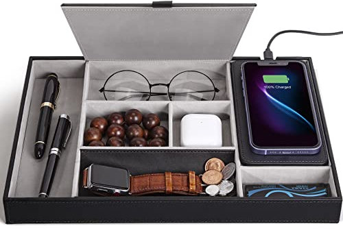 wireless future charger Valet Tray, Nachttisch-Organizer, Ladestation, Leder-Schreibtischschublade mit 7 Fächern für Schmuck, Uhr, Schlüssel, Geldbörse, Telefon, Schwarz