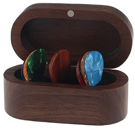 MYLYWOO Walnut Guitar Pick Holder Set with 1 Rosewood Pick and 6 Celluloid Picks in 3 Thicknesses, Mini Jewelry Box, Brown Wooden Knick-knack, 3.35 x 1.77 x 1.58 inches Organizers