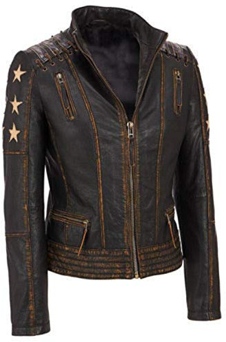 Aksah Fashion Vintage Dunkelbraun Motorrad Echtleder Lacket | Echtleder Motorradjacke für Damen, braun, 50