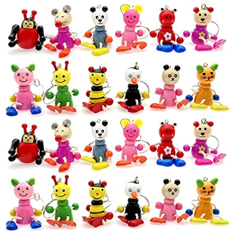 JZK 24 x Niedliche Kinder Holz-Tier Schlüsselanhänger-Set für Kindergeburtstag Gastgeschenke, Kinder Partytütenfüller, Werbegeschenke Geschenke für Jungen Mädchen Rucksack-Charms