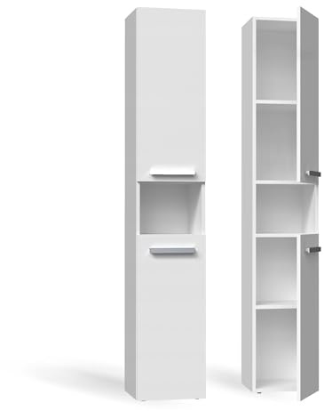 CDF Badezimmerschrank Badschrank Schmal Hoch, Badsäule NEL I ohne Wäschekorb Breite: 31 cm, Badezimmermöbel Aufbewahrungsschrank für kleine Räume Badmöbel WC Flur - Weiß 30x31x174 cm