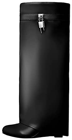 Kluolandi Damen Kniehohe Stiefel mit Metall-Vorhängeschloss überzogener Keilabsatz breite Wade Schlupfstiefel, Schwarz, 40.5 EU