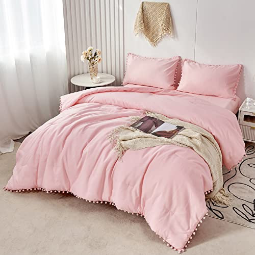 PERFEMET Pink Pom Comforter Set Queen Size(90x90inch), 5 Pcs Boho Aesthetic Farmhouse Bedding Set with Sheets Soft Microfiber Down Alternative Comforter Bed in a Bag for Girls Women(Pink, Queen)
