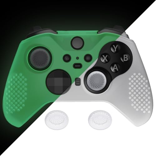 eXtremeRate PlayVital Glow in Dark - Green Soft Anti-Slip Silicone Cover Skins for Xbox One Elite Controller Series 2, Custom Protective Case for Xbox Elite V2 with Thumb Grips Analog Caps