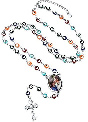 FindChic Herren Edelstahl Rosenkranz Kugelkette, Kruzifix Damen Auto Rosenkranz Halskette mit Bild, Namenskette, Silber