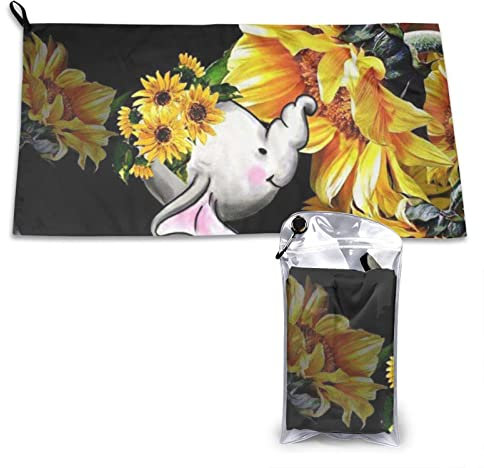AROONS Schnell trocknendes Handtuch mit Tasche – Mutter und Baby Elefant Sonnenblumen bedruckt, super saugfähig, Mikrofaser, Reise-Sporthandtücher, 80 x 40 cm