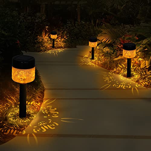 Luci Solari Giardino Esterno, 4 Pezzi LED Lampada Solari IP65 Impermeabile Luci Sentieri per Patio, Paesaggio, Prato, Recinzione, Vialetto, Balcone Decorazione (Calda Luce Gialla)