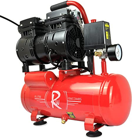 RocwooD Air Compressor Electric 8L Litre 0.75HP 550w Silent Portable Oil Free 8bar 116psi 4CFM 5 Piece Accessories Kit Workshop Garage 230v 3 Pin UK Plug Red Low Noise 15kg