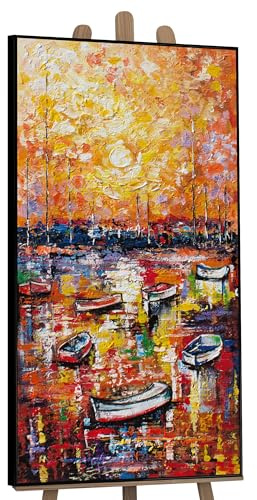 YS-Art Pintura abstracta sobre lienzo en acrílico Embarcadero Cuadros contemporáneos Motivo otoñal Color amarillo y naranja con marco 120x60 cm