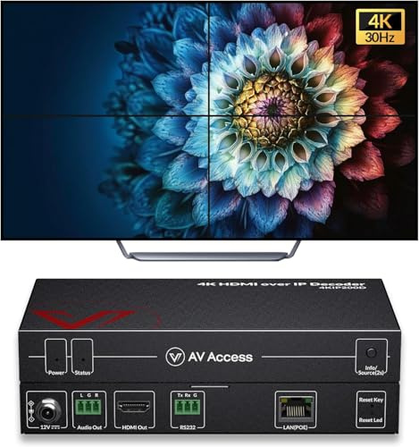 AV Access 4K HDMI Extender Over TCP/IP, H.265 AV Over IP Decoder with Video Wall up to 8X8, 395ft (120m), Plug & Play Without Configuration, Visual Control, Video Matrix, PoE, RS-232(4KIP200D)