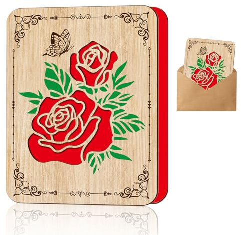 ORIGACH Rose Grußkarte aus Holz Liebe Karte mit Umschlag Handgemachte Jahrestagskarten aus Holz Kreative Valentinstag Geburtstag Hochzeit Grußkarte aus Holz Geschenk für Freundin Frauen