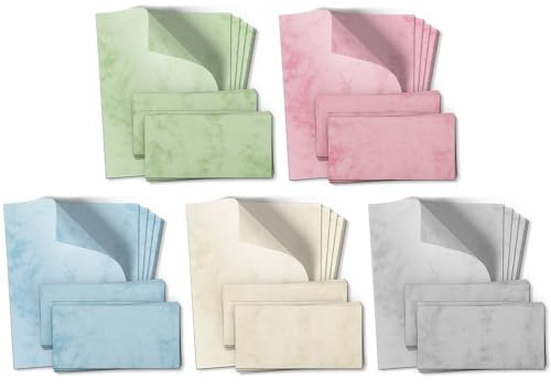 Einladungskarten Manufaktur Hamburg 100 Teile Set - Großer Briefpapier und Umschlag Mix mit 5 Motiven - Motivpapier Briefumschlag edel modern - Marmor Bunt Rosa Grün Grau Beige Blau